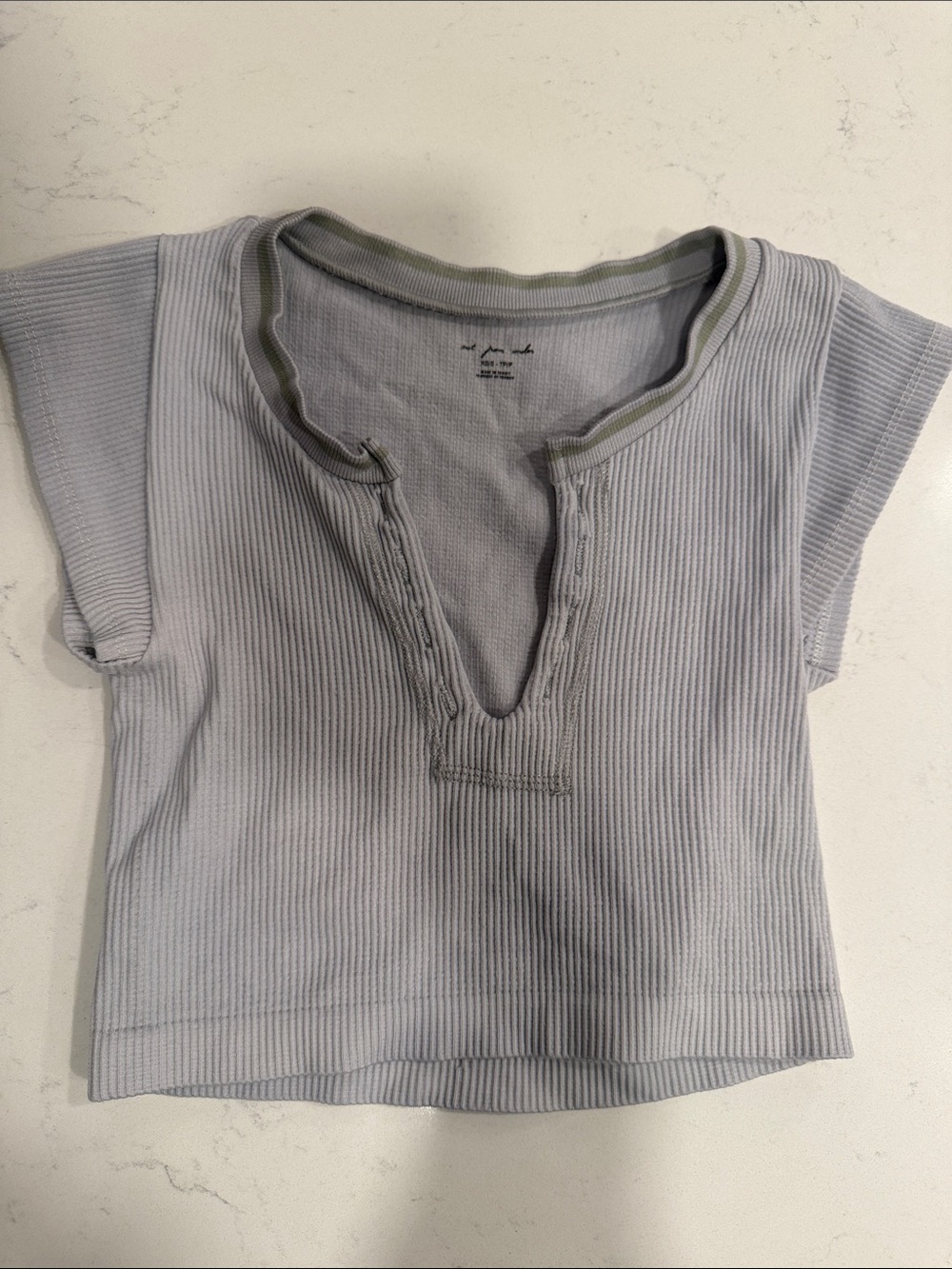 Urban Outfitters Light Gray Ribbed Short Sleeve Top with Olive Trim